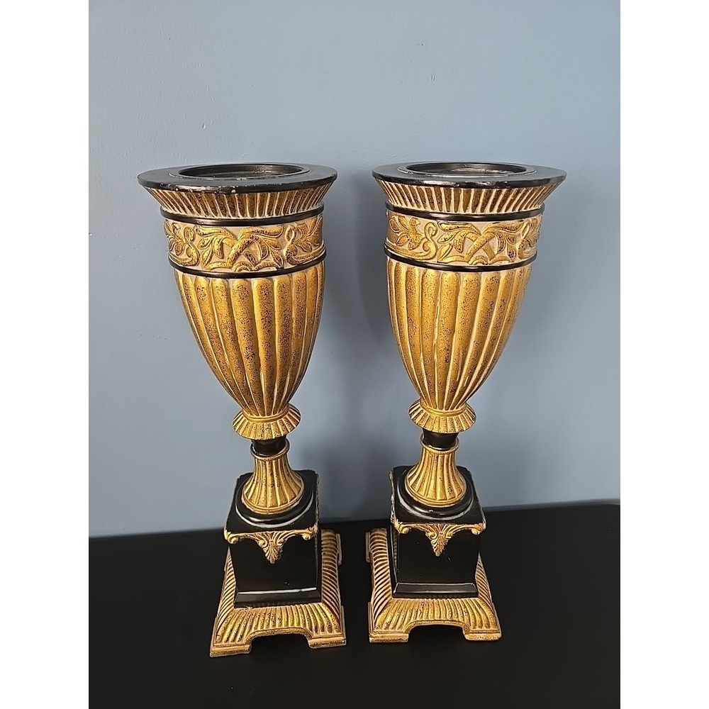 2 Pillar Candlestick Holders Gold Black Finish 16" Roman Column 80's Decor